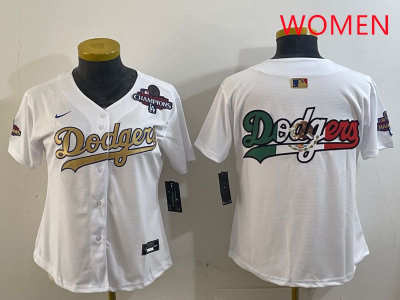 Women Los Angeles Dodgers Blank White Champion gold character 2025 Nike MLB Jersey style 8->women mlb jersey->Women Jersey